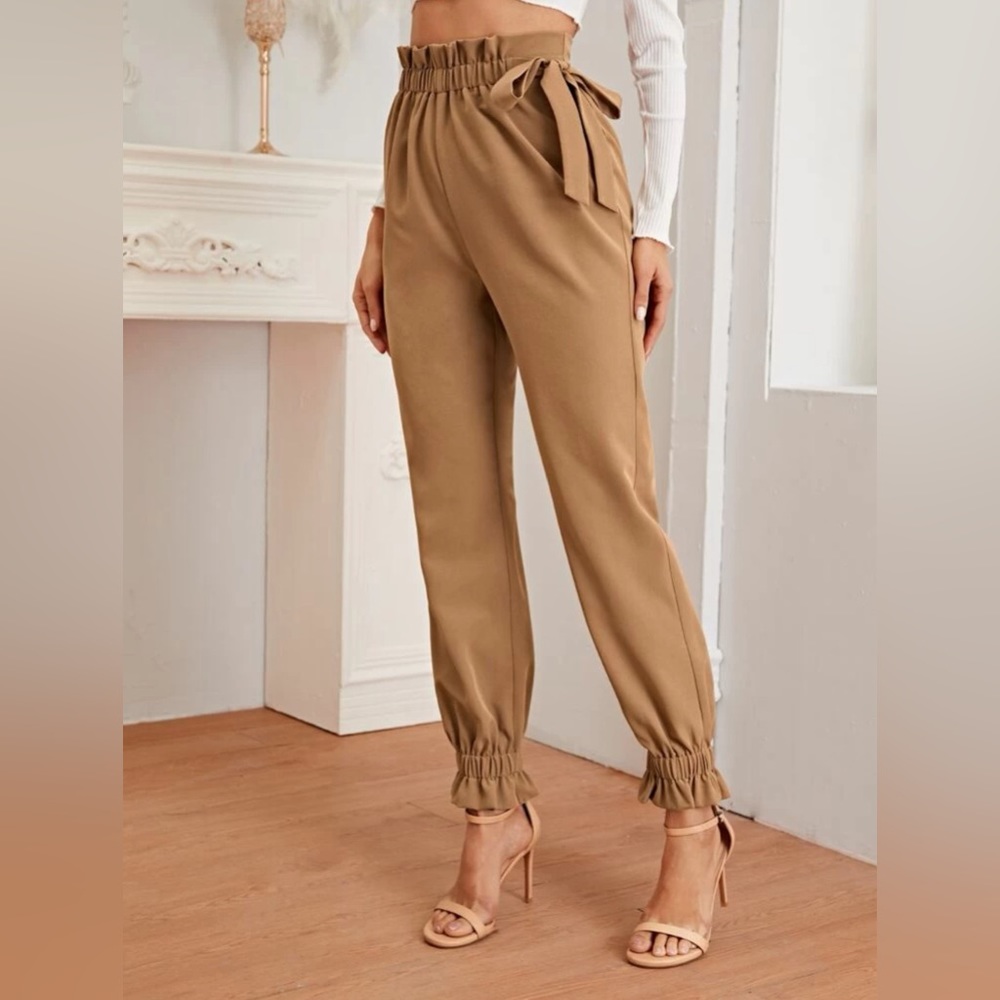 NEW Paper bag side tie tan pants L